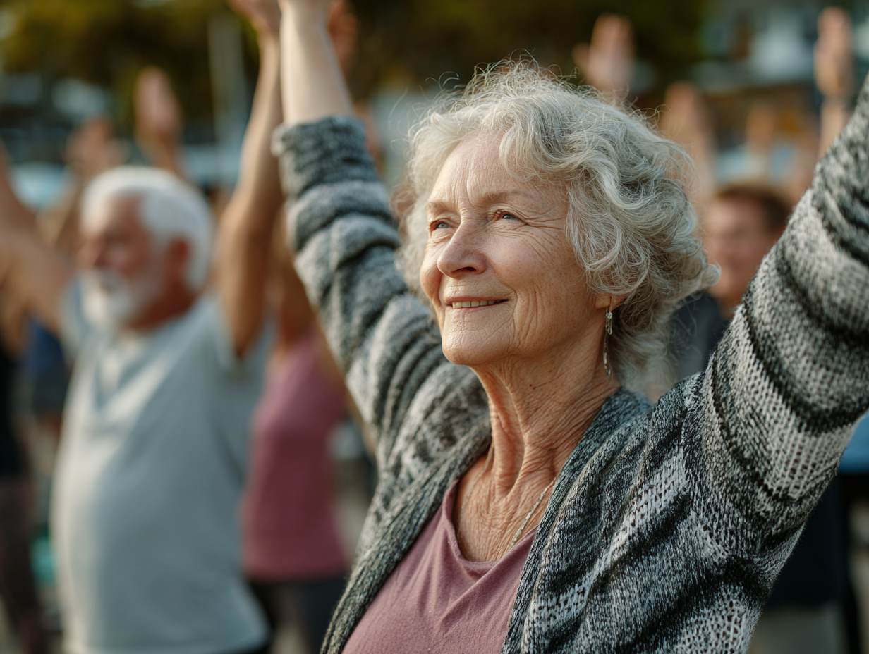 Група людей зрілого віку на заняттях з фітнесу